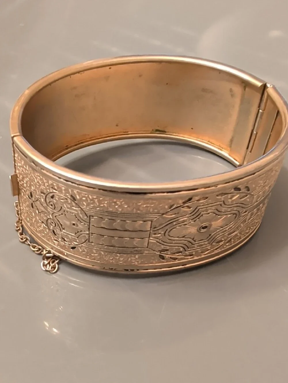 Coro Gold-Tone Floral Engraved Hinged Bangle Bracelet